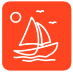Logo Kapal Wisata Labuan Bajo: Ikon minimalis kapal layar (yacht) berwarna putih dengan latar belakang oranye cerah, lengkap dengan gambar matahari dan burung. Mewakili layanan sewa kapal Phinisi dan paket tour ke Taman Nasional Komodo.