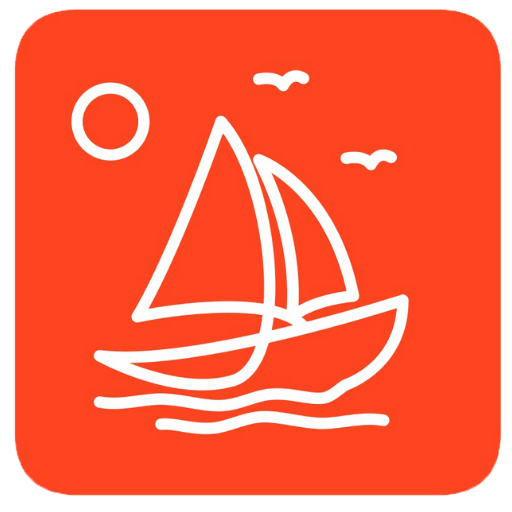 Logo Kapal Wisata Labuan Bajo: Ikon minimalis kapal layar (yacht) berwarna putih dengan latar belakang oranye cerah, lengkap dengan gambar matahari dan burung. Mewakili layanan sewa kapal Phinisi dan paket tour ke Taman Nasional Komodo.