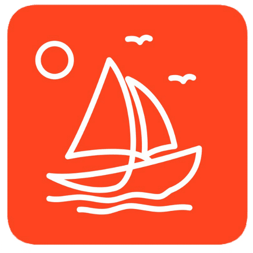 Logo Kapal Wisata Labuan Bajo: Ikon minimalis kapal layar (yacht) berwarna putih dengan latar belakang oranye cerah, lengkap dengan gambar matahari dan burung. Mewakili layanan sewa kapal Phinisi dan paket tour ke Taman Nasional Komodo.